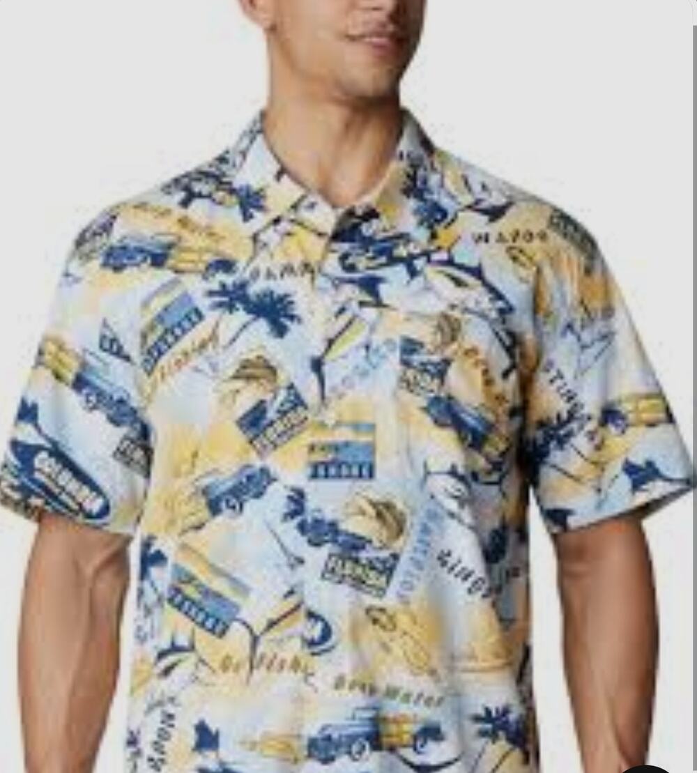 Columbia PFG Trollers Best Yellow Fish Print Button Up Fishing Shirt Sz M Vented